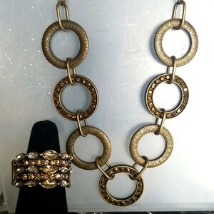 NWT Set of Brass Necklace with earrings & Stretchable Ring with rhinestones